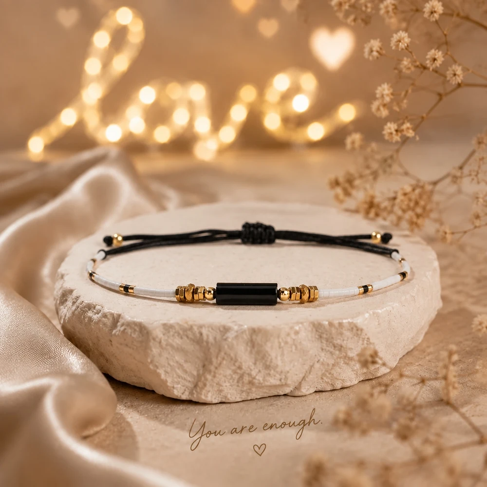 1pc Minimalist Adjustable Lace-Up Beaded Strand Bracelet with Geometric Black Stone White Beads Copper Accents Unisex