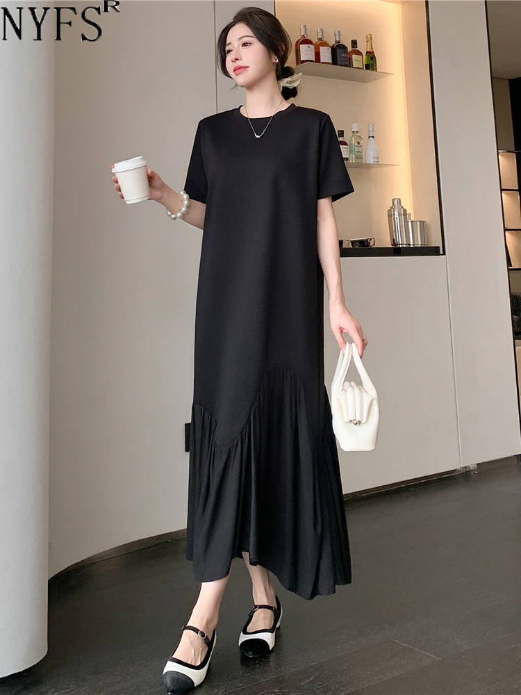 

NYFS 2024 Summer New Korea Irregular Woman Dress Vestidos Robe Elbise Loose Plus Size Patchwork Short Sleeve Long Dress