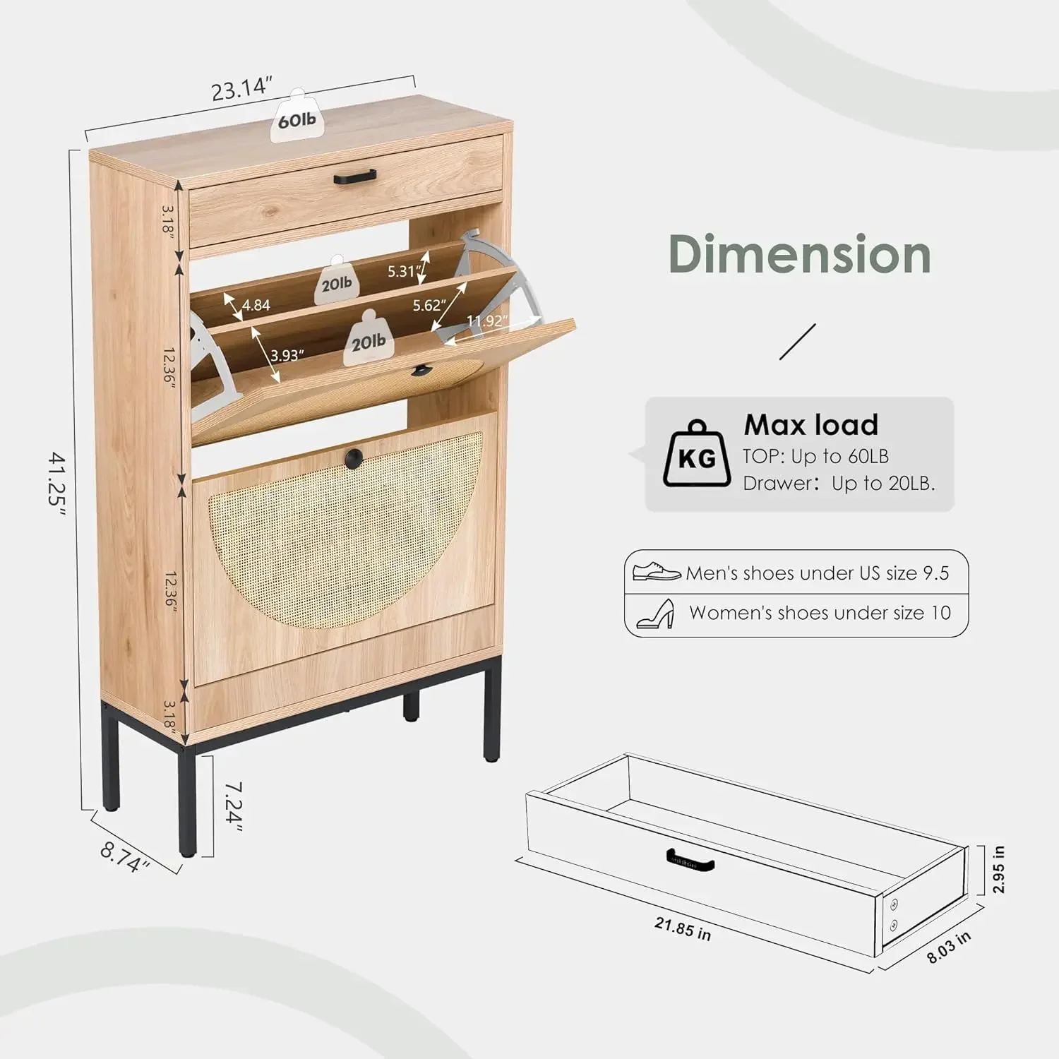 Shoe Rack Storage Organizer with 2 Natural Semi-Circular Rattan Doors, Entryway Wooden Shoe Cabinet for Sneakers