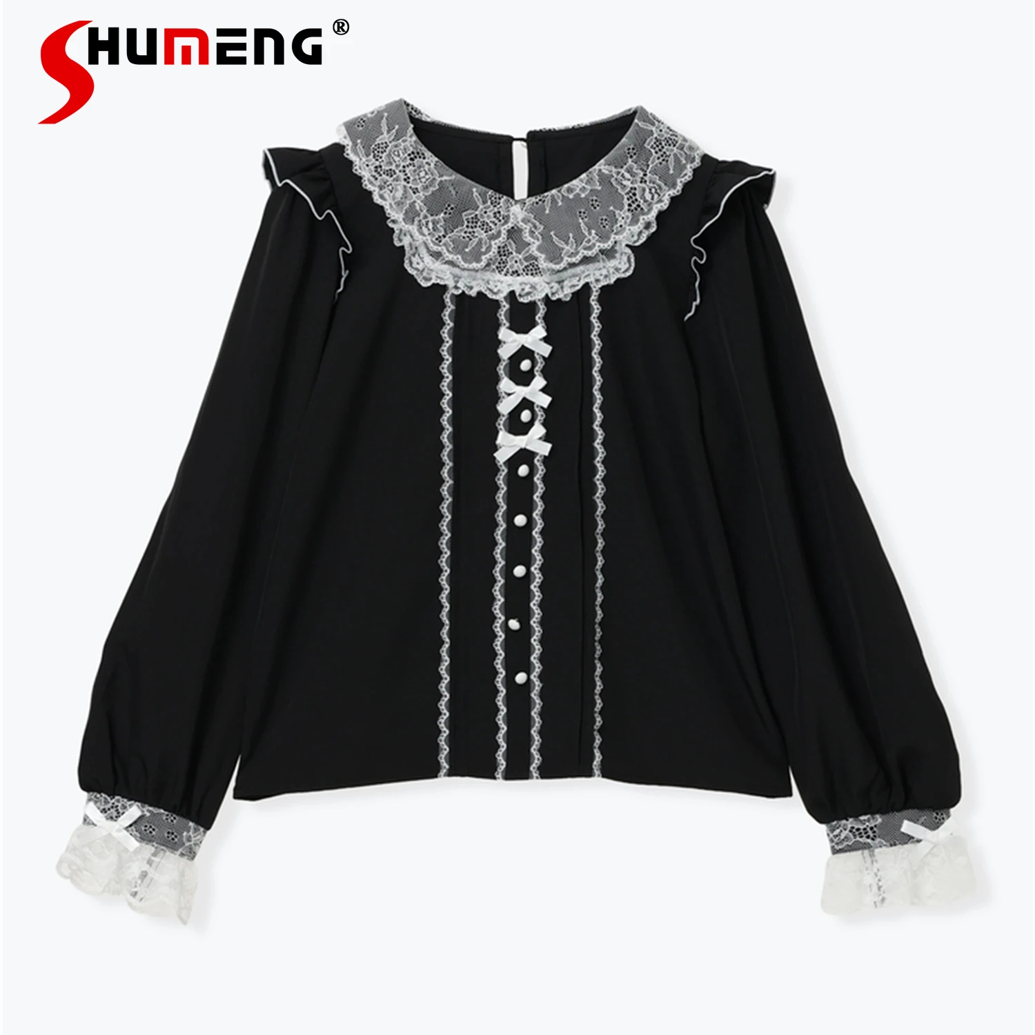 

Японский стиль шахт, массовый продукт, блузка в стиле Лолиты, кружевная однобортная рубашка с бантом и длинными рукавами, милая кавайная рубашка, женский осенний топ