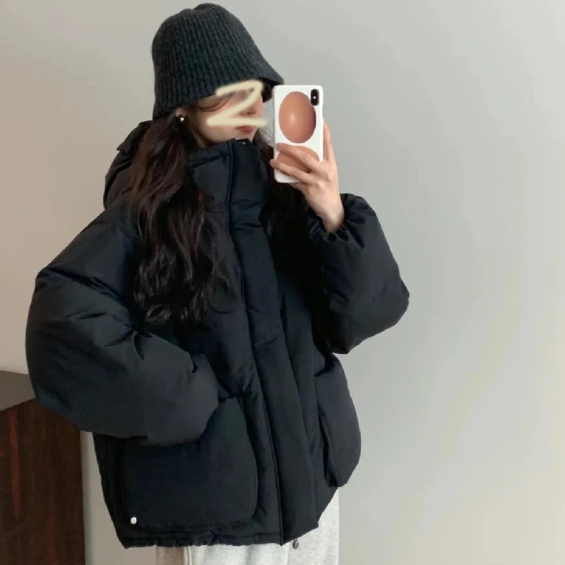 Inverno novo casual para baixo jaqueta feminina pato branco para baixo engrossado quente com capuz puffer jaqueta grandes bolsos solto casual casaco curto