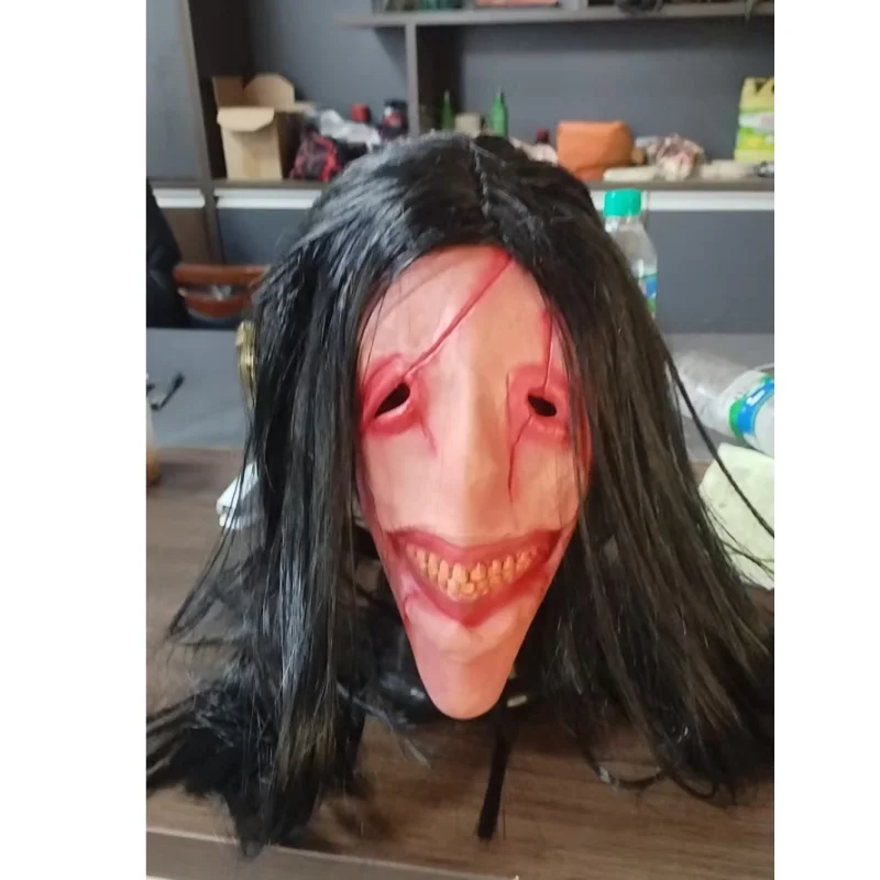 

Halloween Red Face Demon Mask with Long Hair Scary Latex Devil Costume Prop Fanged Teeth Party Cosplay Accessory for Adults
