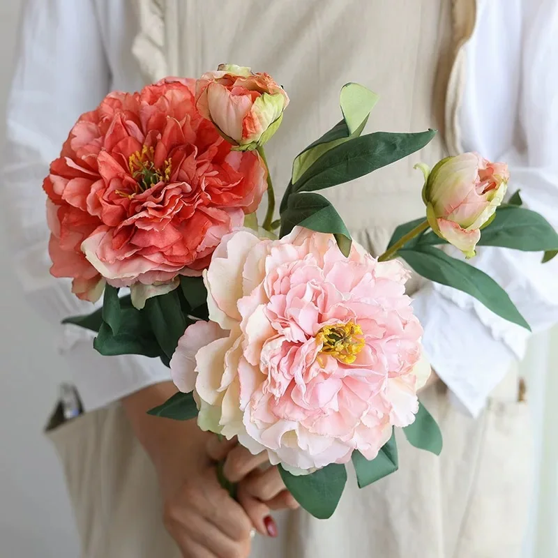 4Pcs/lot Faux 2-head Peony Silk Flowers for Home Decoration Burned Edges Peony Artificial Bridal Bouquet Wedding Decor Ornaments