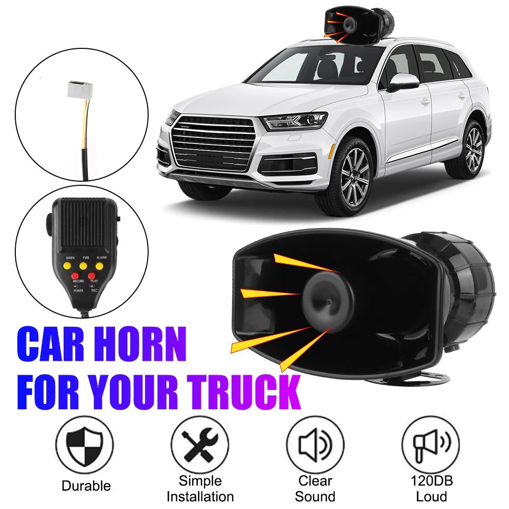 Car Horn 12V 120dB Speaker 120W Loudspeake for Police Firemen Warning Alarm Police Fire Siren 7 Sound Loud Air Horn Megaphone