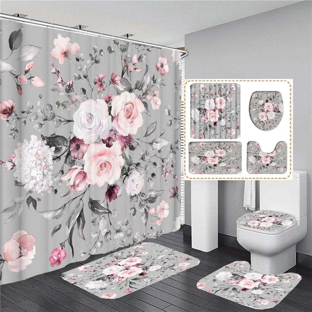 

Flower Print Shower Curtain European Style Floral Waterproof Bathroom Curtains Home Decoration Non-Slip Rugs Bath Mat Set