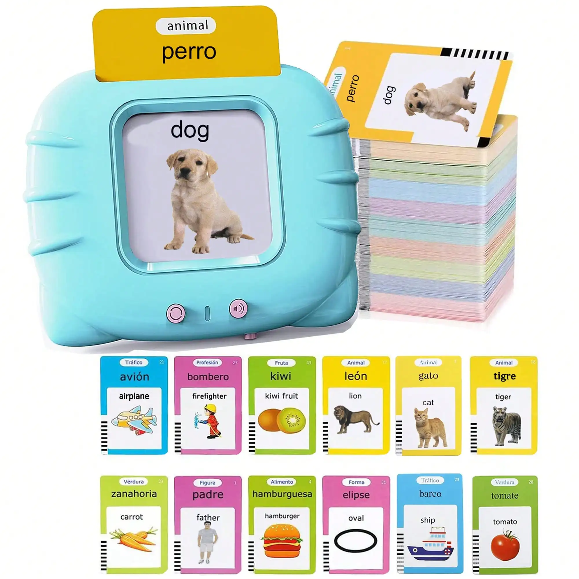 Bilingual Spanish-English Flashcards, Preschool Children's Toys, Learning Pronunciation And Language Training, Language Training Toys, Montessori Educational Toys, Learn 224 Basic Common Words With Sound Effects, Life Themes - Family, Animals