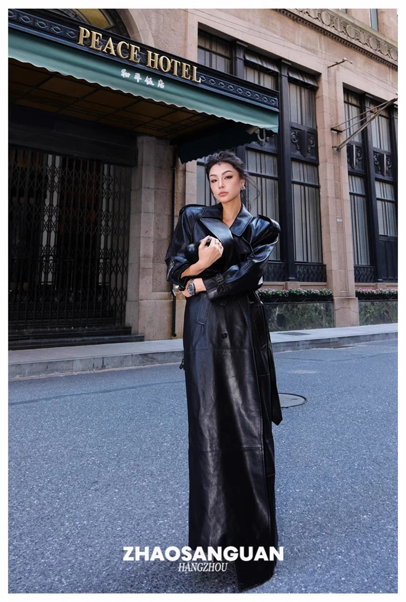 Lautaro Spring Autumn Cool Extra Long Black Loose Pu Leather Trench Coat for Women with Shoulder Pads Belt European Fashion 2024