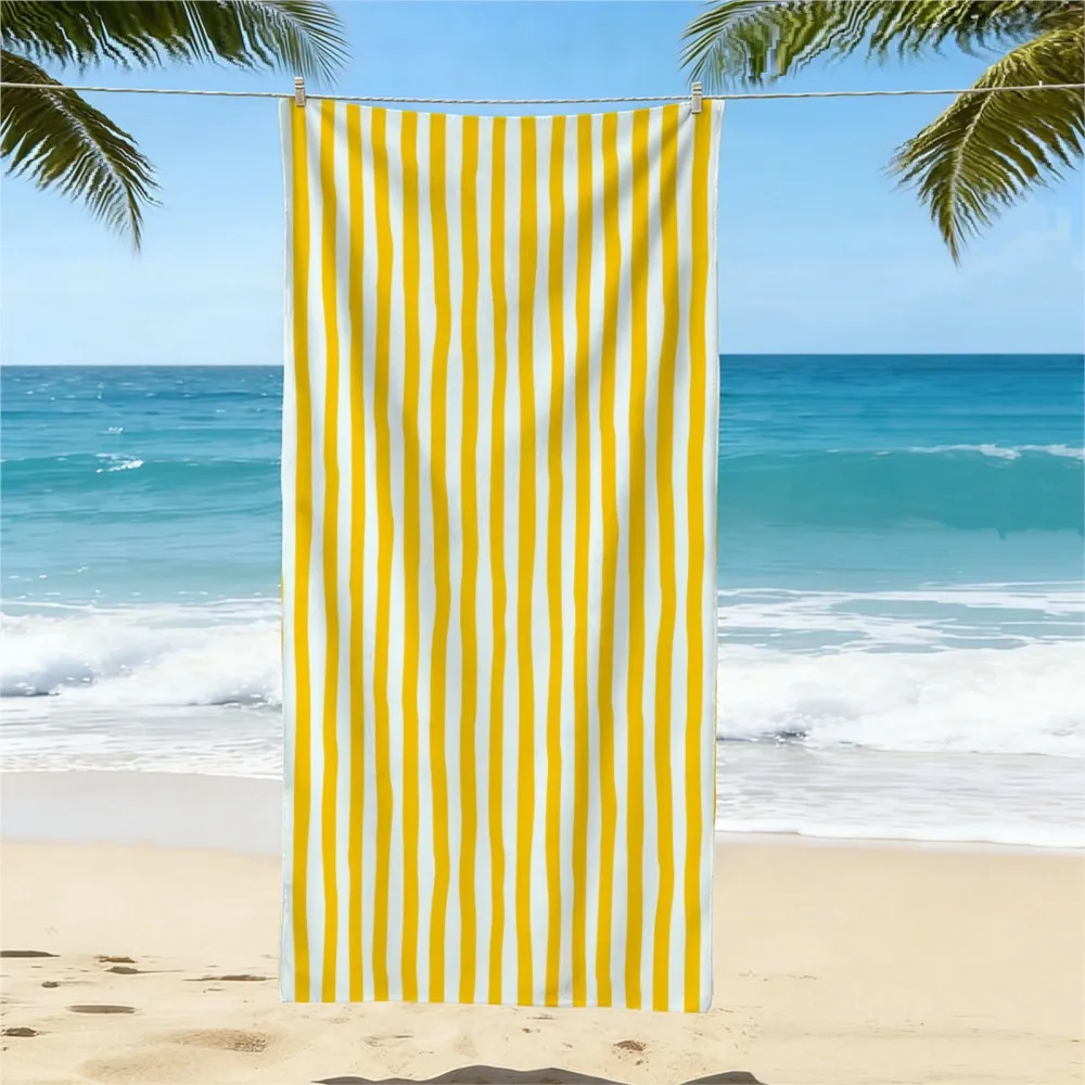 1 piece of simple yellow vertical striped beach towel, quick drying and absorbent beach towel, a must-have gift for summer beach