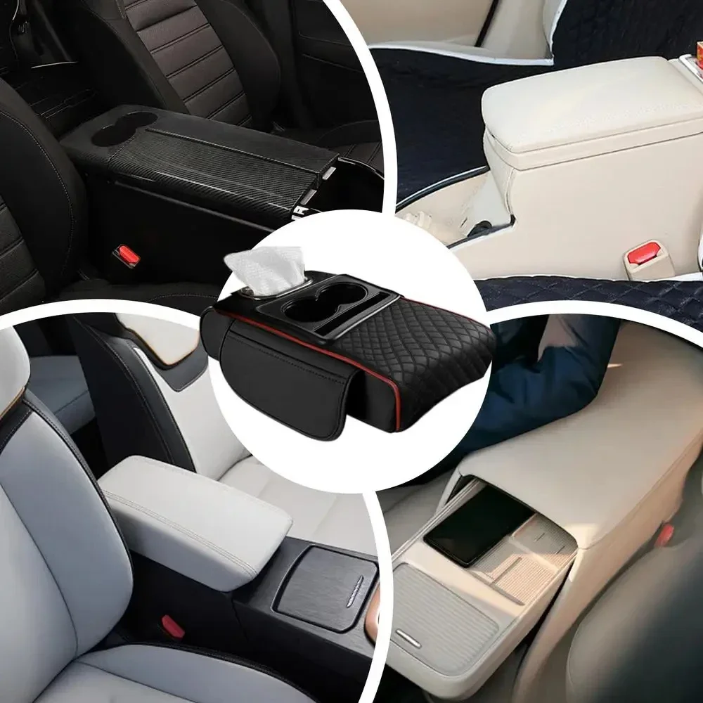PU Leather Car Armrest Cover with Tissue Box Cup Holder Phone Support Foam Console Organizer Protective Pillow Cover Height Pad