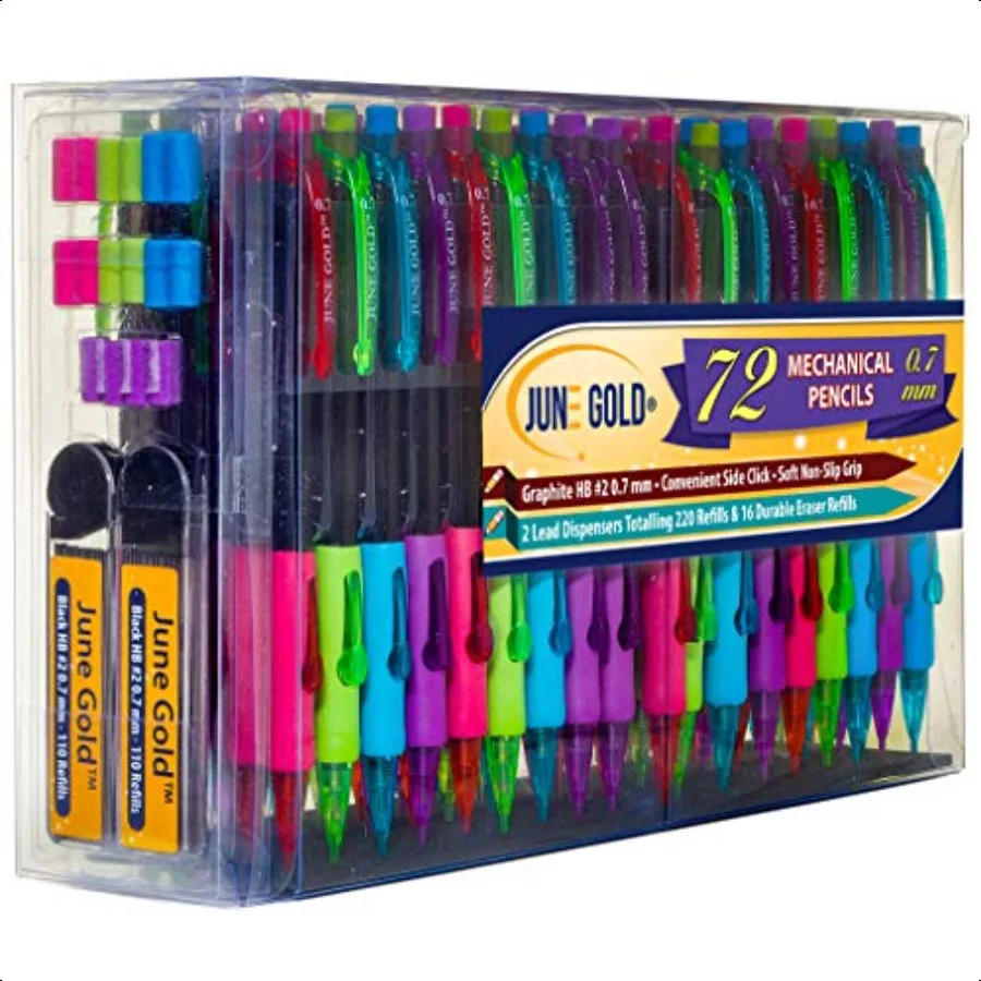 

72 Mechanical Pencils 0.7 mm HB Lead 2 Lead Dispensers with 220 Refills 16 Erasers Break Resistant Convenient Side Click Soft N