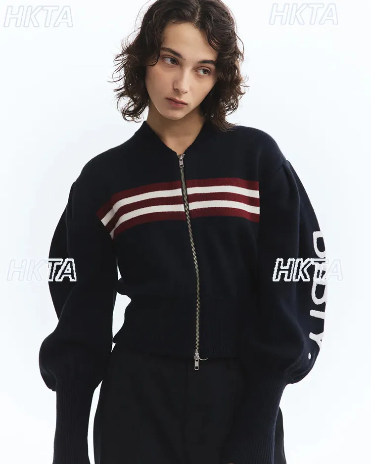 

Японский полосатый свитер-кардиган с цветовыми блоками для женщин, новинка весны, с застежкой-молнией на талии, короткими пышными рукавами, вязаный кардиган-свитер