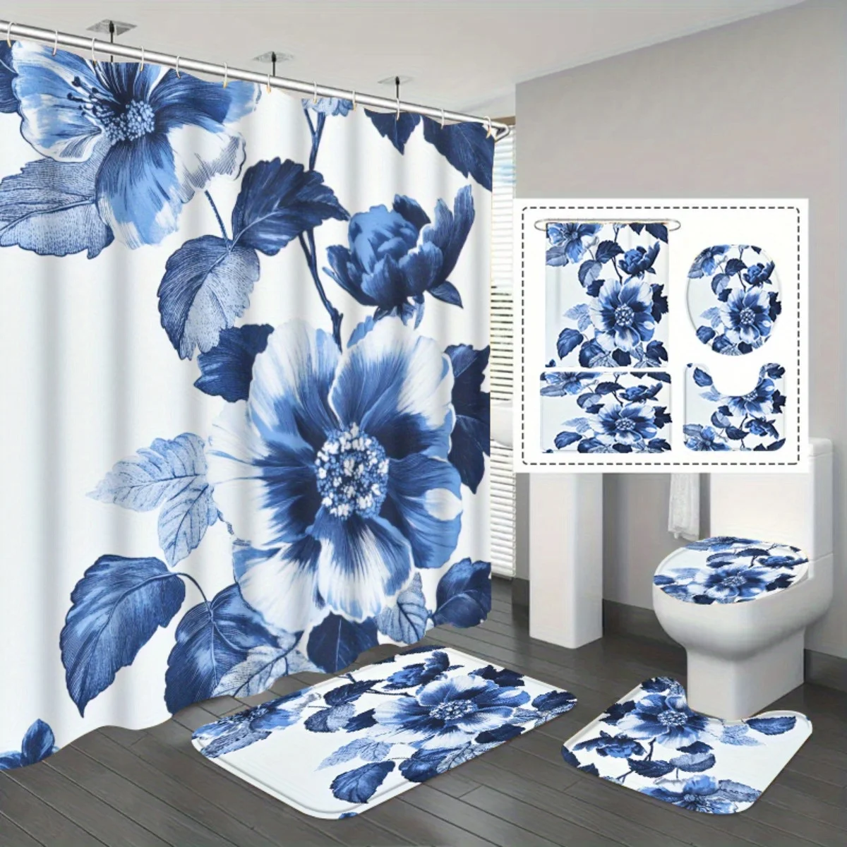 

Blue and white floral bathroom set - four pieces: shower curtain + rug + toilet seat, with vintage floral decorations.