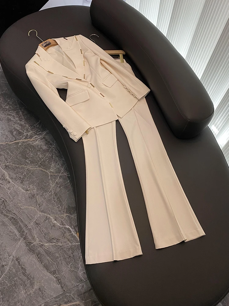 European Stylish Designed Lady Office Basic Solid Suit Fitted Notched Single Button Blazer Flared Pants Women 2Pcs