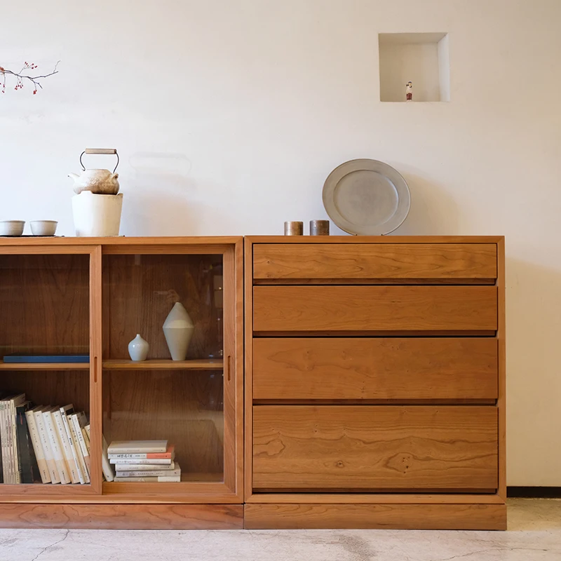 wood cherry wood glass locker storage cabinet tea cabinet Japanese log living room dining side cabinet small apartment