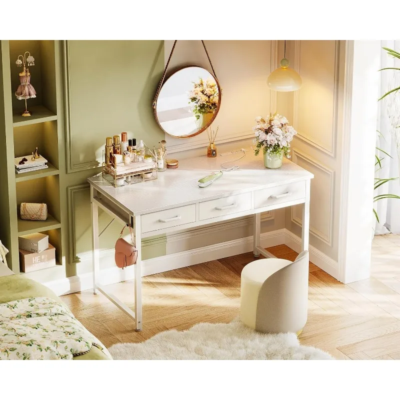 Vanity Desk Without Mirror,  Makeup Vanity with 3 Fabric Drawers, 48 Inch Dressing Vanity Table with Power Outlets