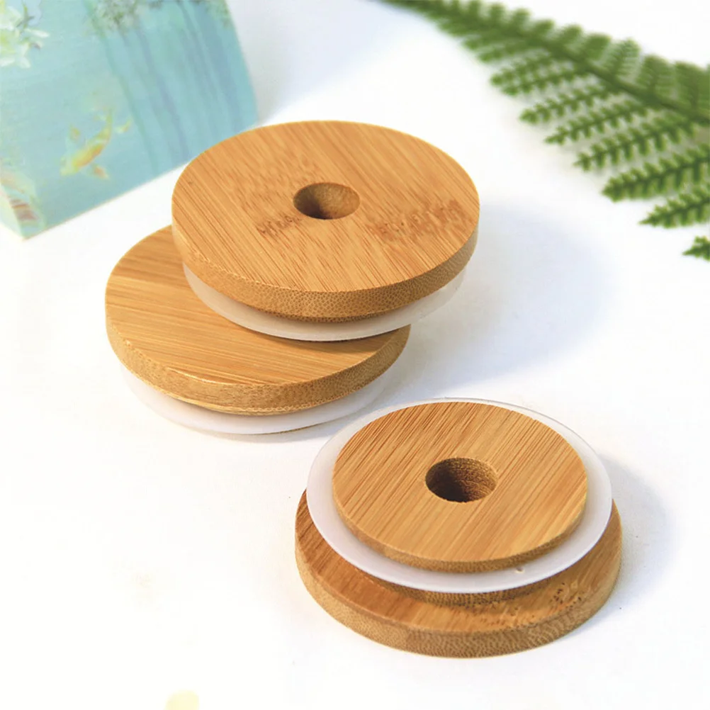 

8Pcs Bamboo Jar Lids Practical Smooth Surface for Mason Jars Yogurt Jars Straw Hole Detachable Silicone Ring