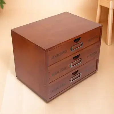 

Solid Wood Drawer Organizer Retro Desktop Storage Cabinet for Cosmetics Jewelry Sundries Keeps Desk Tidy Mini 3-Tier