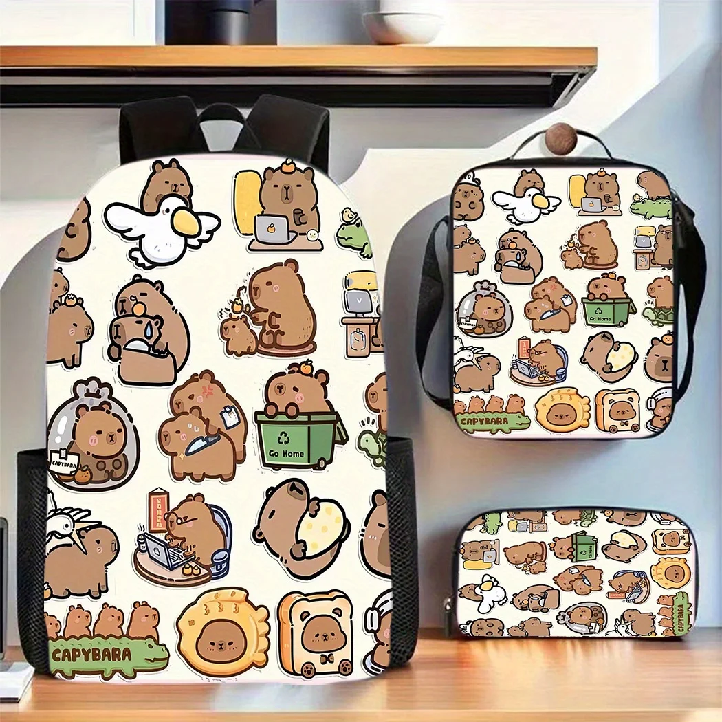 

3pcs Capibara Theme unisex Backpack, including school bag, pencil case and lunch box. with cool handle print, large capacity lap