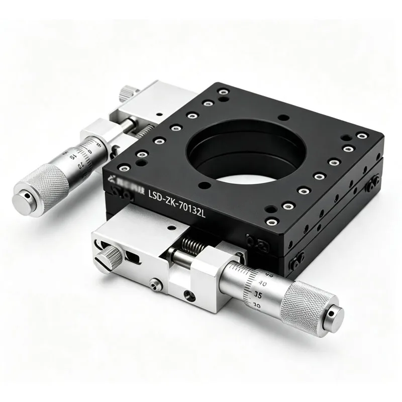 70x70mm Table, 13mm Travel, 5kg Load，Manual XY Axis Micrometer Drive Hollow Translation Stage, Crossed Roller Guide