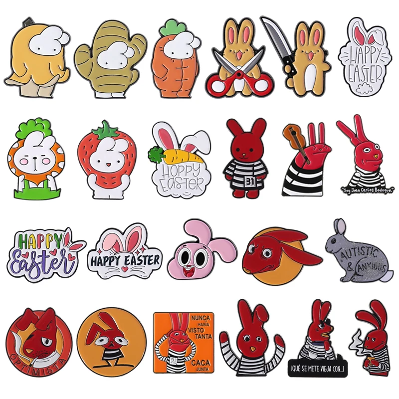 Alfileres esmaltados de conejo con orejas rojas de Anime de comedia, broches de animales de conejito bonito de dibujos animados, insignias para mochila de solapa, regalo de joyería para niños y amigos