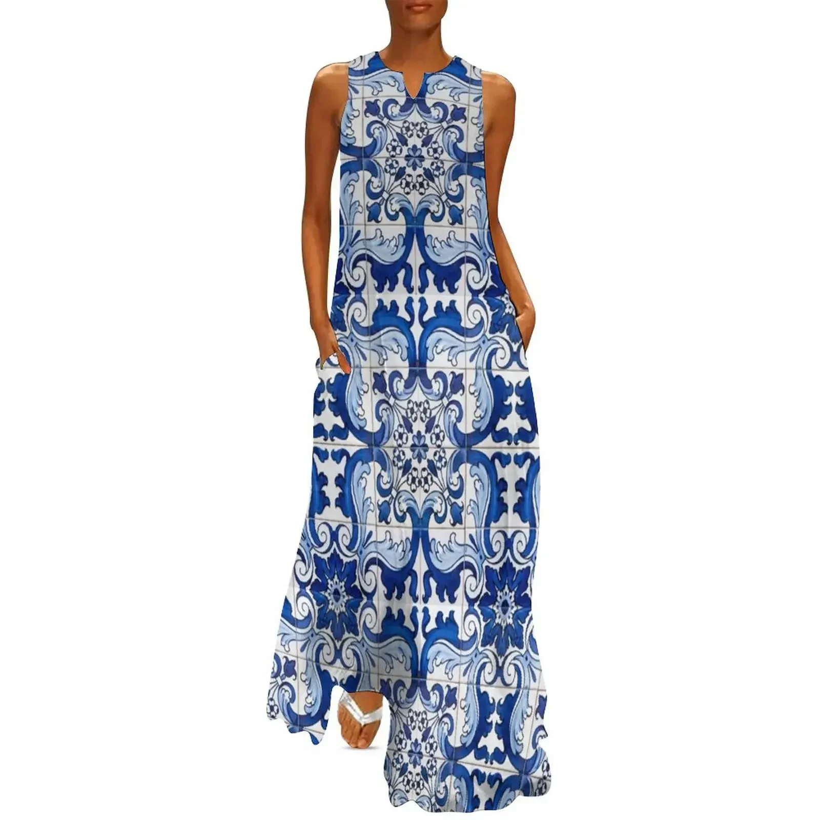 

Antique Classic Lisbon Blue Azulejo Tile Floral Pattern Long Dress party dresses women cocktail dresses Dress