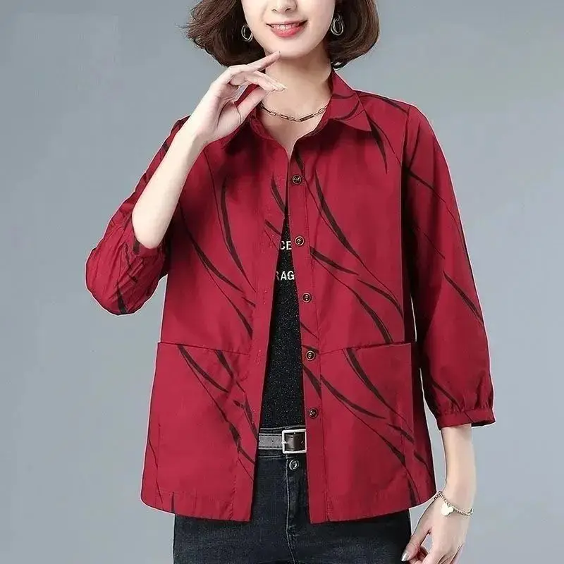 2023 Spring and Autumn Korean Edition Fashion Casual Loose Simple Polo Print Three Quarter Oversize Versatile Women Jacket Coat