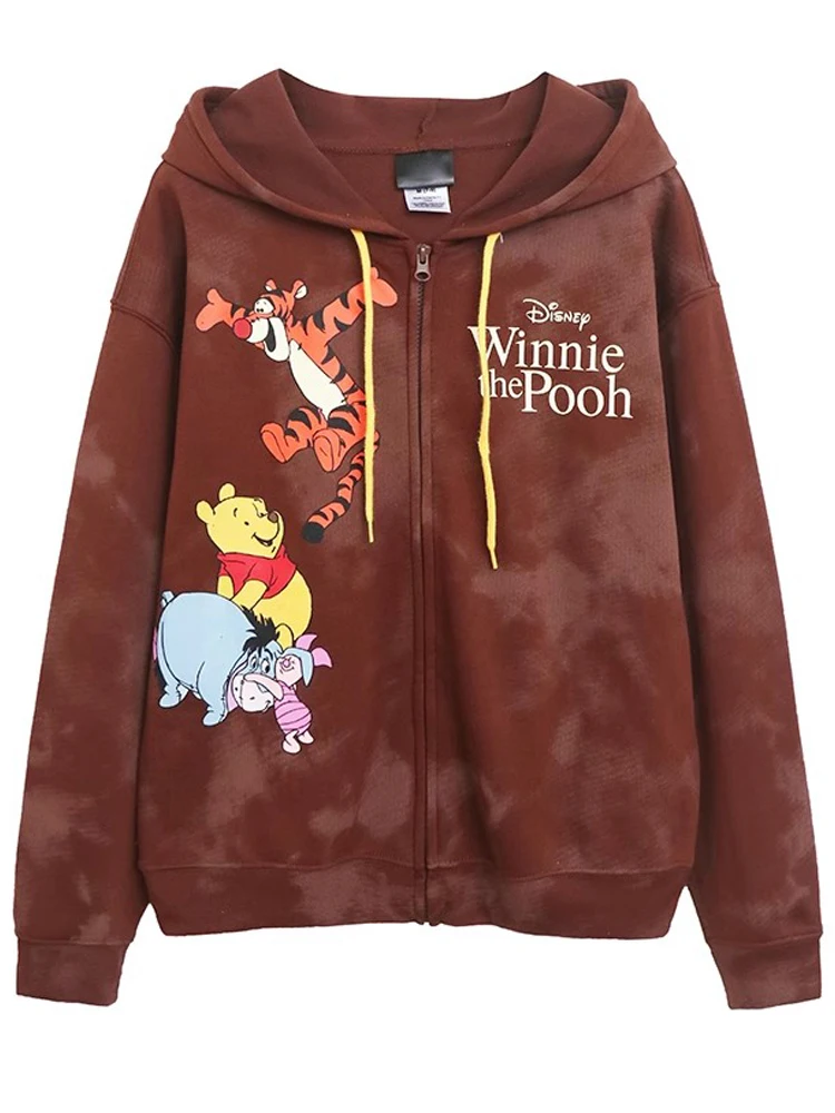 Disney Front Back Winnie the Pooh Bear Tigger Eeyore Print Sweatshirt Women Hooded Pullover Zip Tops Jumper Female Streetwear