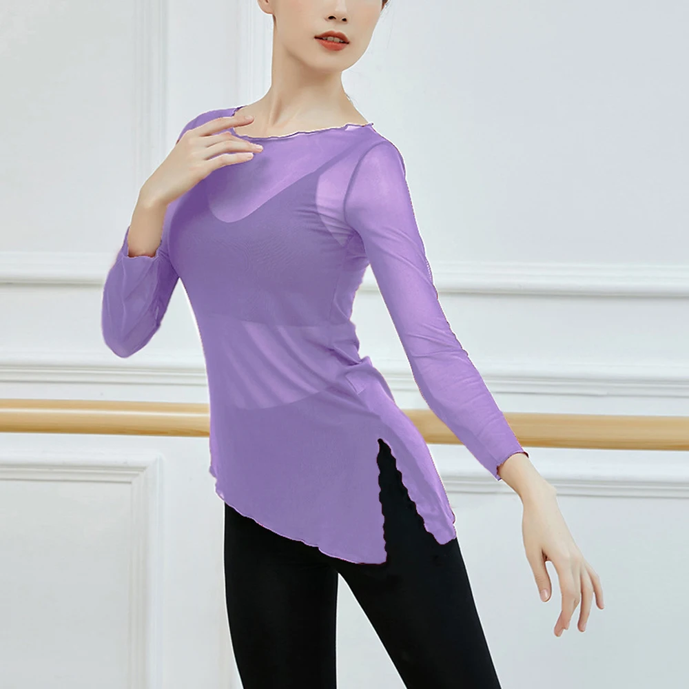 

Sexy Y2K See Through Dance T Shirt Women Long Sleeve Elastic Lace Tees Girl Wavy Neck Slim Modern Dance Practice Shirts Clothes