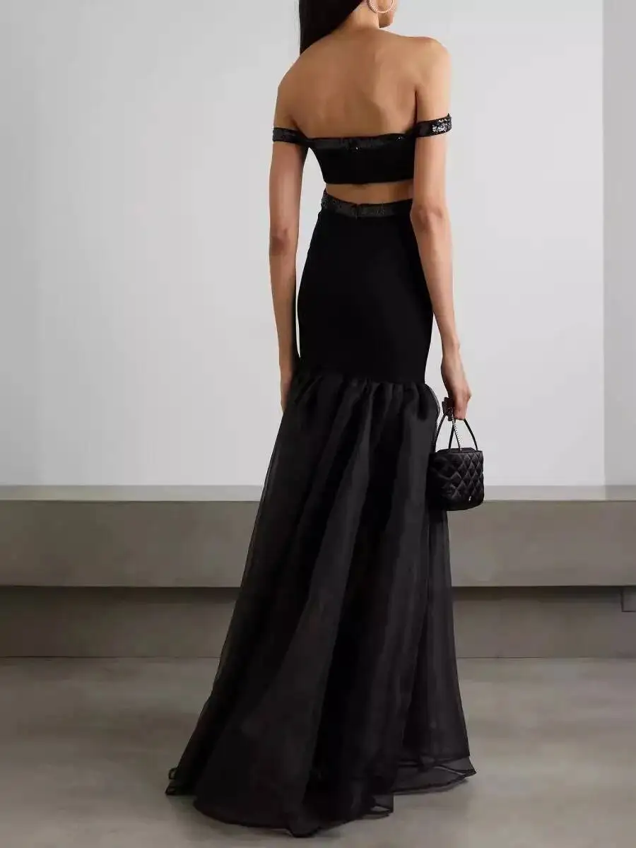 2025 nuevo elegante mujer verano celebridad Sexy sin tirantes diamantes recortados negro Maxi vestido largo elegante vestido de fiesta de noche para discoteca