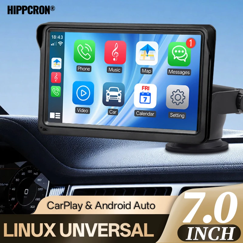 

Hippcron 7-дюймовый беспроводной портативный автомобильный радиоприемник с Android Auto, беспроводной Carplay, мультимедийный видеоплеер, сенсорный экран, GPS-навигация