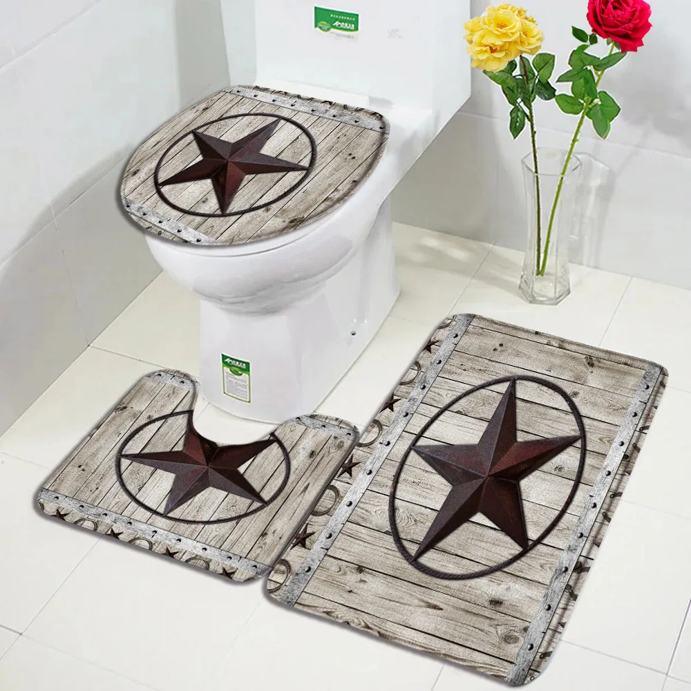 Farm Barn Wooden Door Bath Mat Set Brown Wood Wheel Purple Flower Flannel Carpet Bathroom Decorative Floor Rugs Toilet Lid Cover