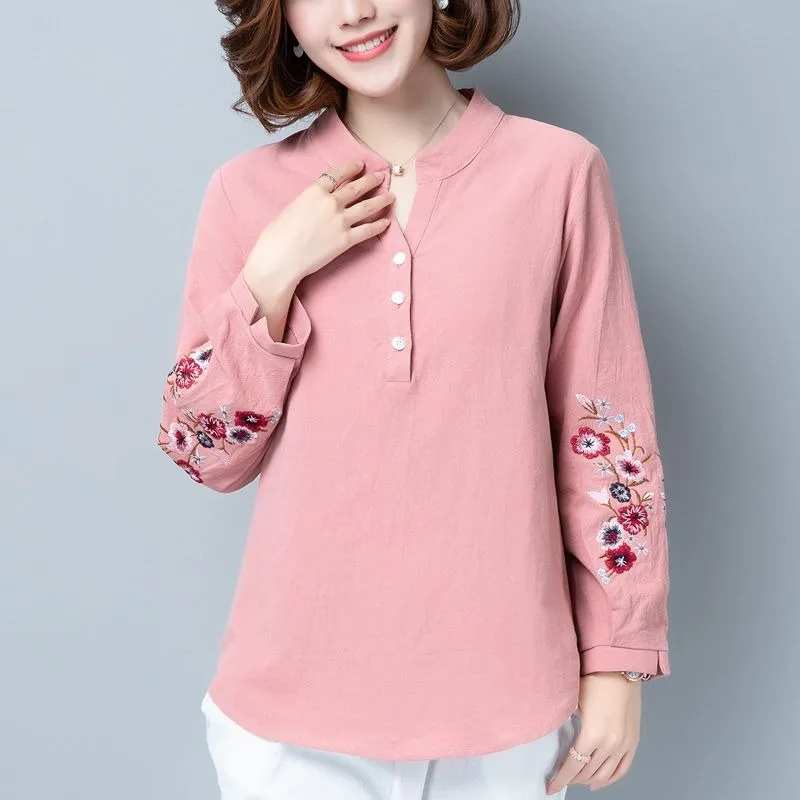 

Женская блузка из льняной смеси с воротником-стойкой, цветочной вышивкой и длинными рукавами