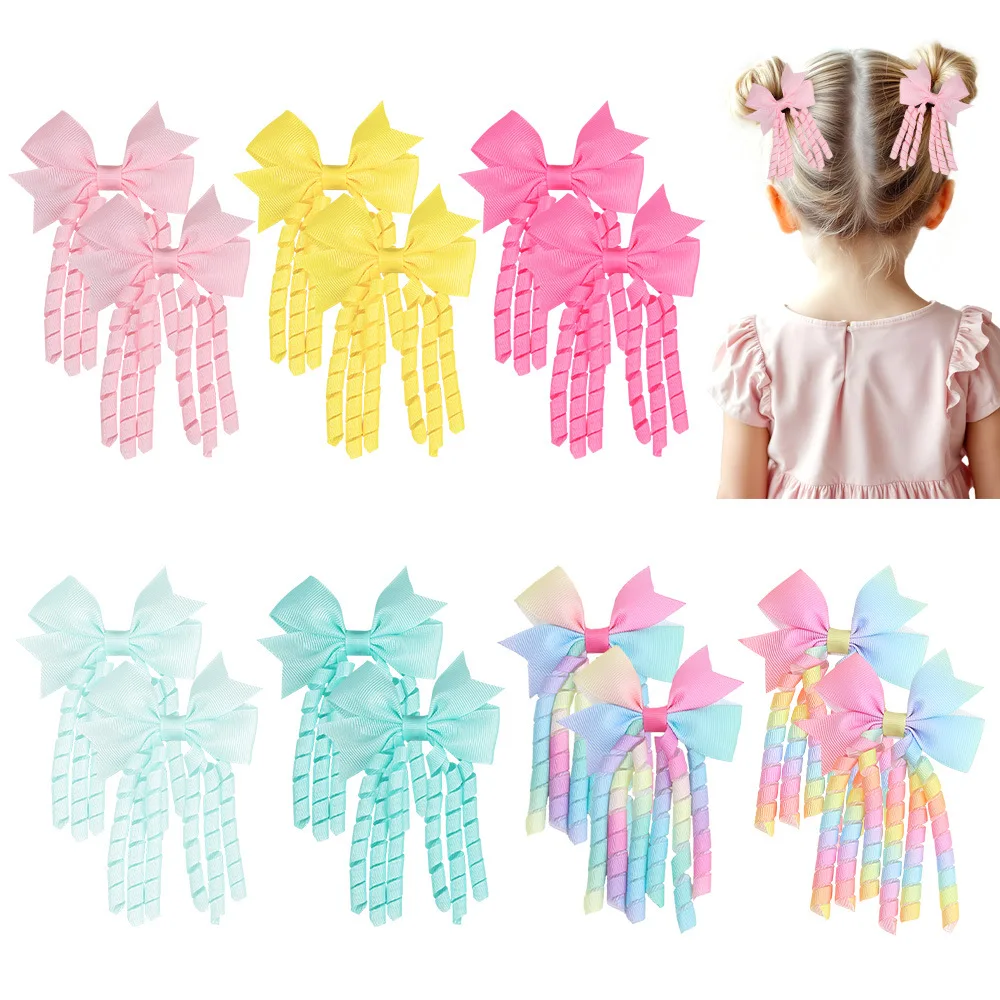 

2Pcs New Children's Colorful Hair Woven Headdress Curly Rolls Bow Tassel Hair Accessories Candy Color Little Girl Hair Clip