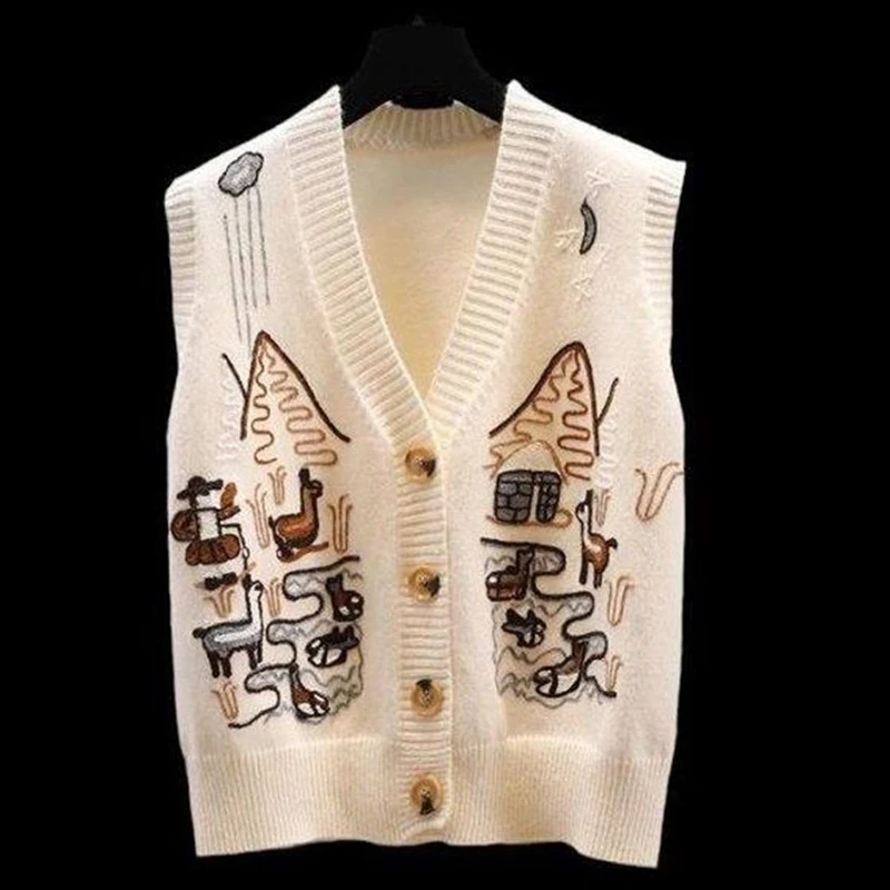 New Women Vintage Embroidery Outewear Button Cardigan Harajuku Y2K Knitted Sweater Vest Trendy V Neck Sleeveless Loose Waistcoat