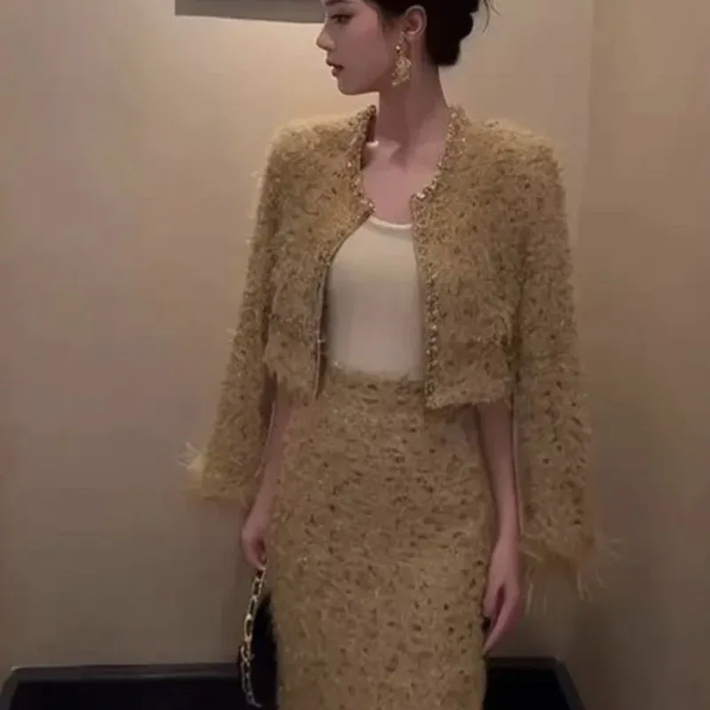 Thousand Gold Suit Temperament Fashionable New Thickened Celebrity Coat Skirt Two-piece Set Ostrich Hair Exquisite Simple Casual