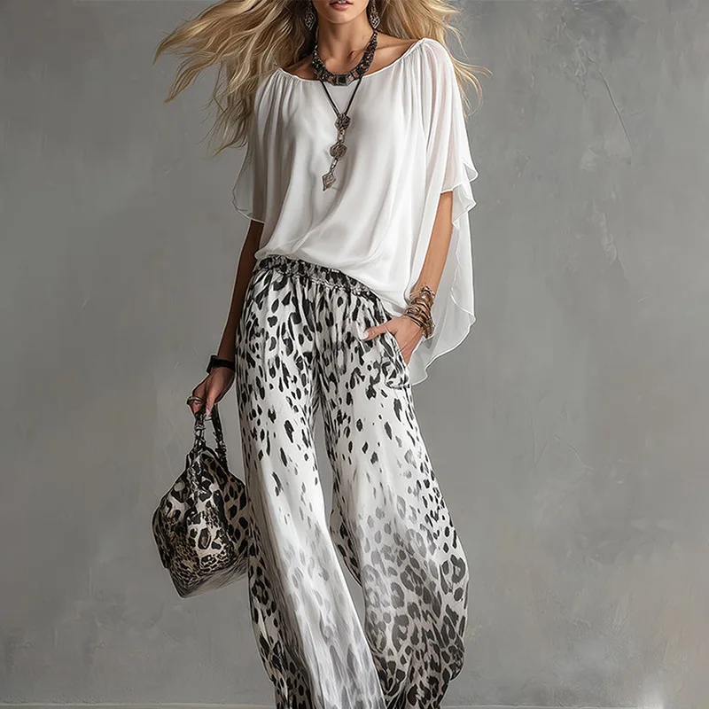 Women's Summer Bohemian Wind Snow Spinning Top Leopard Pattern Elastic Waist Wide Leg Pants Two Piece Sets Women Conjuntos Mujer