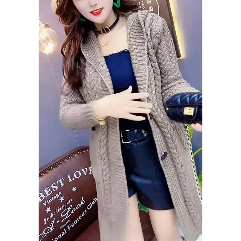 2024 New Korean Hooded Wool Knitted Cardigan Coat Women Autumn Winter Long Jacket Heavy Jacquard Outwear Sweater Tops Female