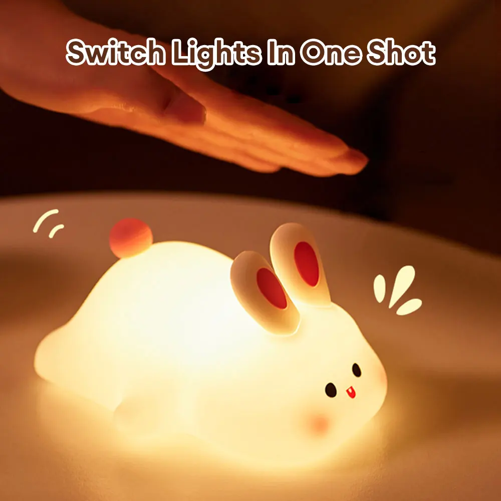 Imagem -06 - Cute Rabbit Silicone Night Lamp Touch Sensor Grande Face Rabbit Pat Night Light Timing Usb Recarregável Luz para o Presente das Crianças