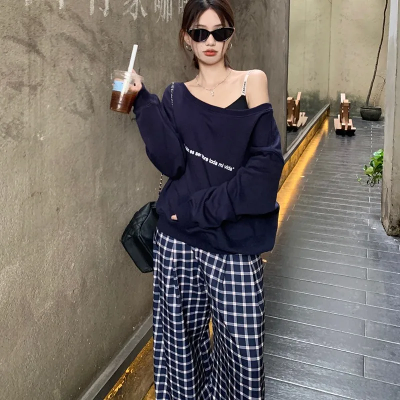 Shpmishal 2024 Autumn New Navy Blue Sloping Shoulder Long Sleeved Sweatshirt+high Waisted Checkered Casual Pants Two-piece Set