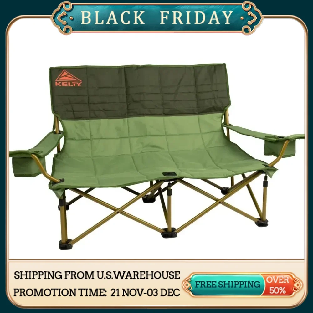 Beach Chair Low Loveseat Double 2 Person Camping Chair, Two Person Foldable Beach Days, Low Seat Height  Outdoor bev holders