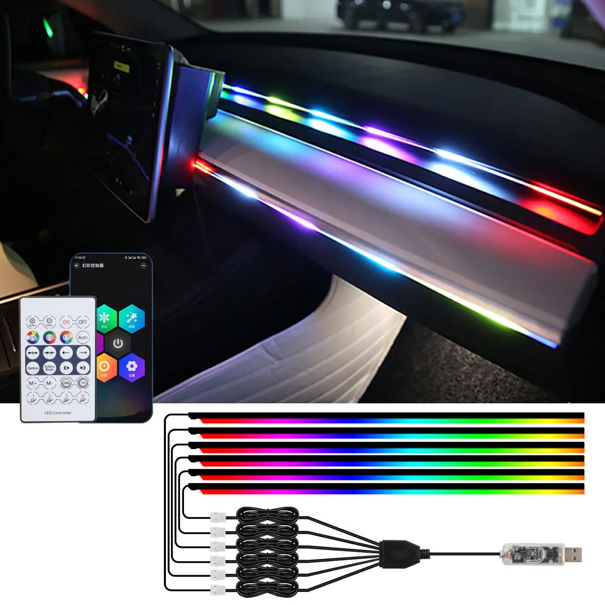 

6/10 в 1, автомобильные светодиодные окружающие освещение RGB Symphony, автомобильные внутренние ленты, пульт дистанционного управления/приложение, декоративная атмосферная лампа
