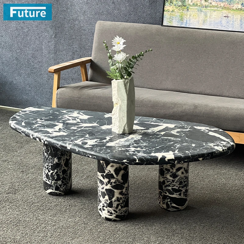 Mesa de Centro de Mármol Negro Calacatta de Estilo Real, Natural y Moderno, con 3 Patas y Base Baja, para Sala de Estar, Villa, Hotel, Muebles para el Hogar