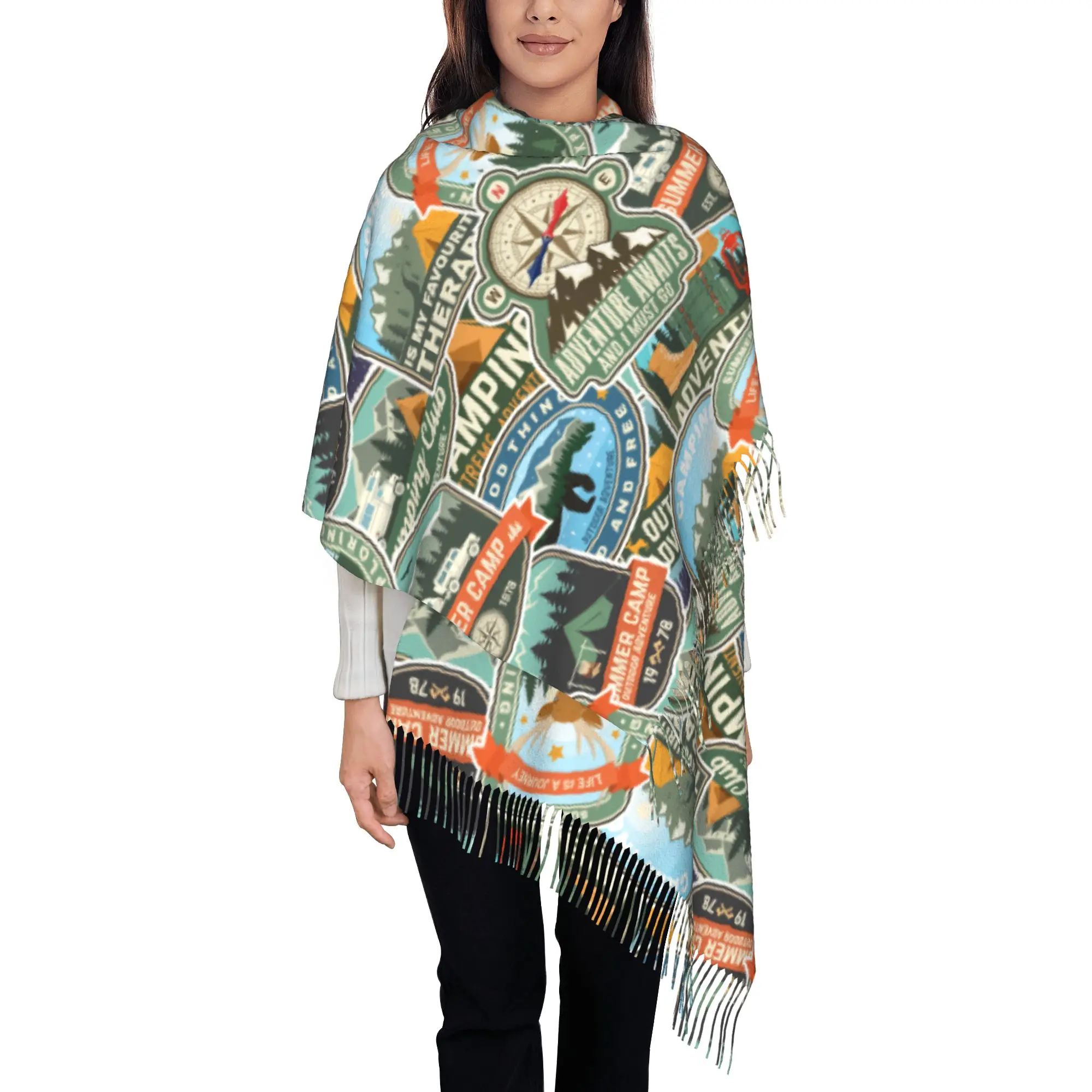 Custom Printed Vintage Compass Camp Badge Outdoor Seamless Print Scarf Women Men Winter Fall Warm Scarves  Shawls Wraps