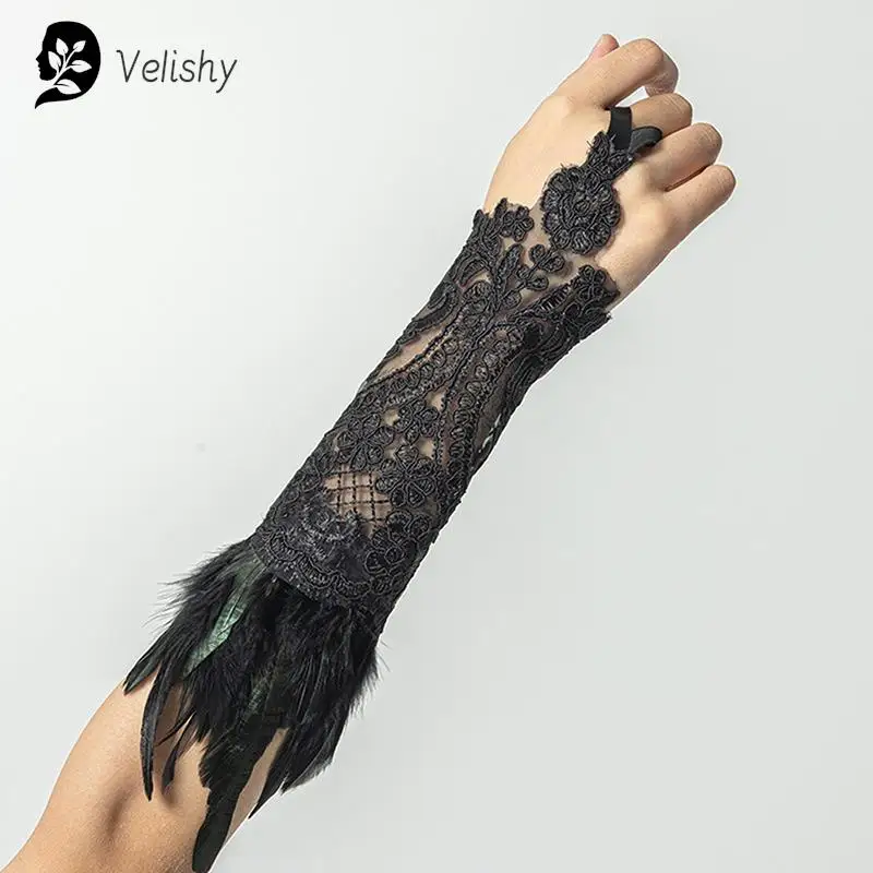 Women's Lace Feather Long Fingerless Gloves Bracelet Gothic Mesh Cuff Wedding Halloween Party Accessories