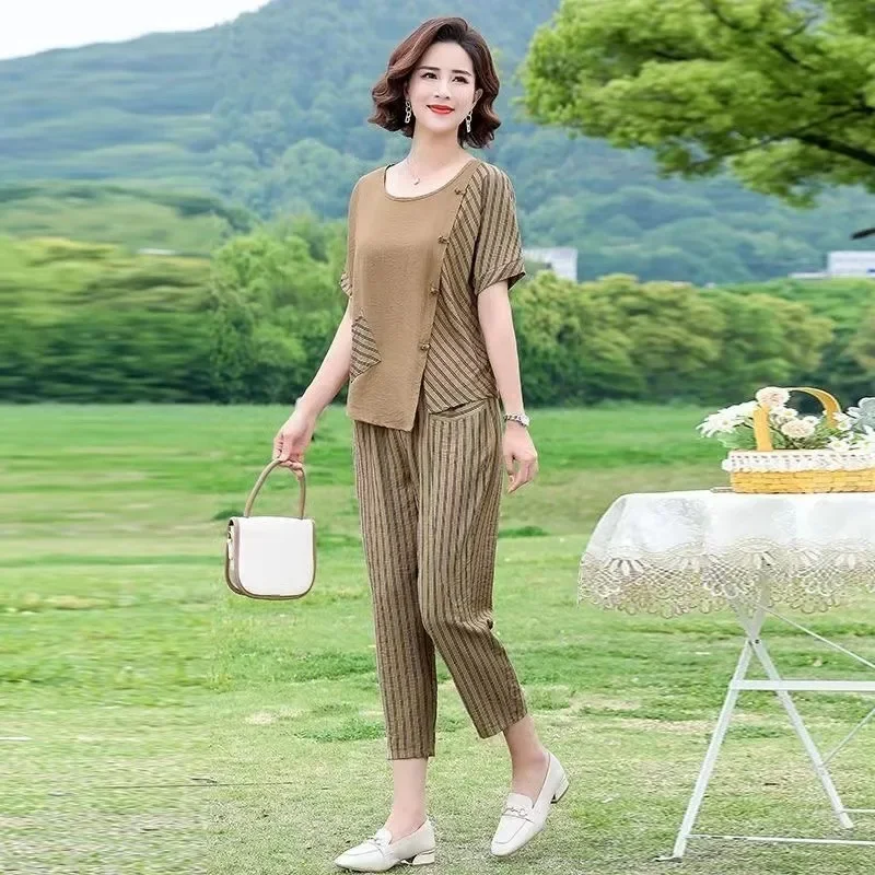 Zomer Katoenen Linnen Pak Voor Vrouwen Broek Korte Mouw Blouses Vintage Losse 2 Delige Sets Dames Broekpakken Z641