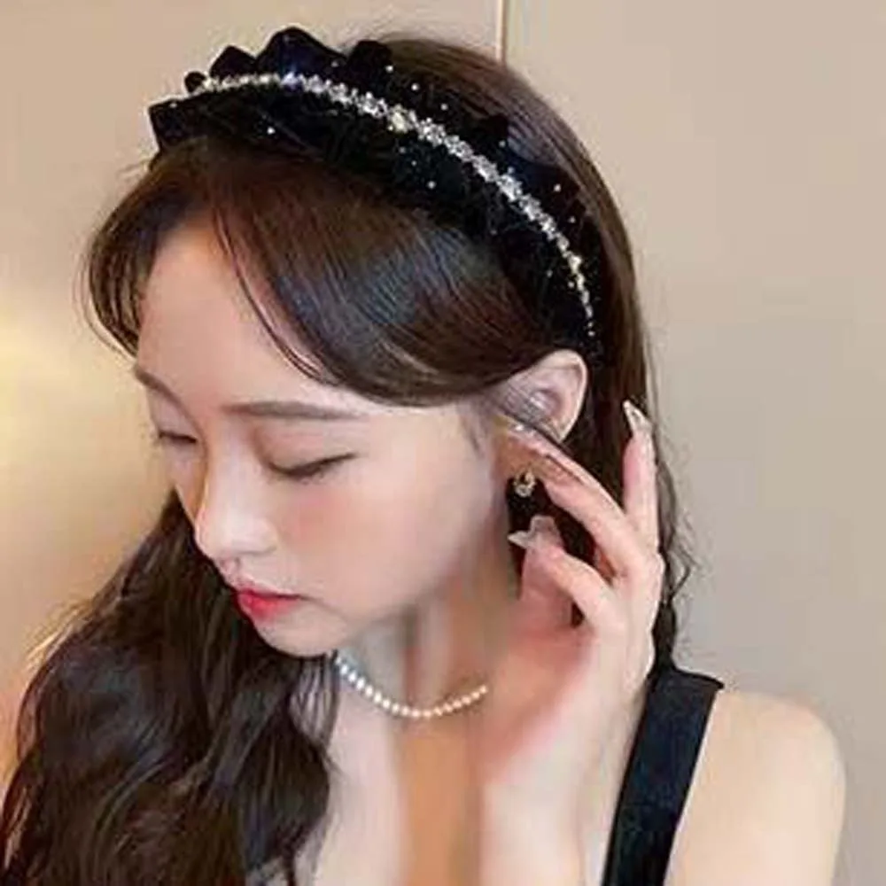 

Elegant Velvet Pleated Hair Hoop Sweet French Style Shiny Rhinestone Headband Headwear Brown Women Sequin Hairband Ball