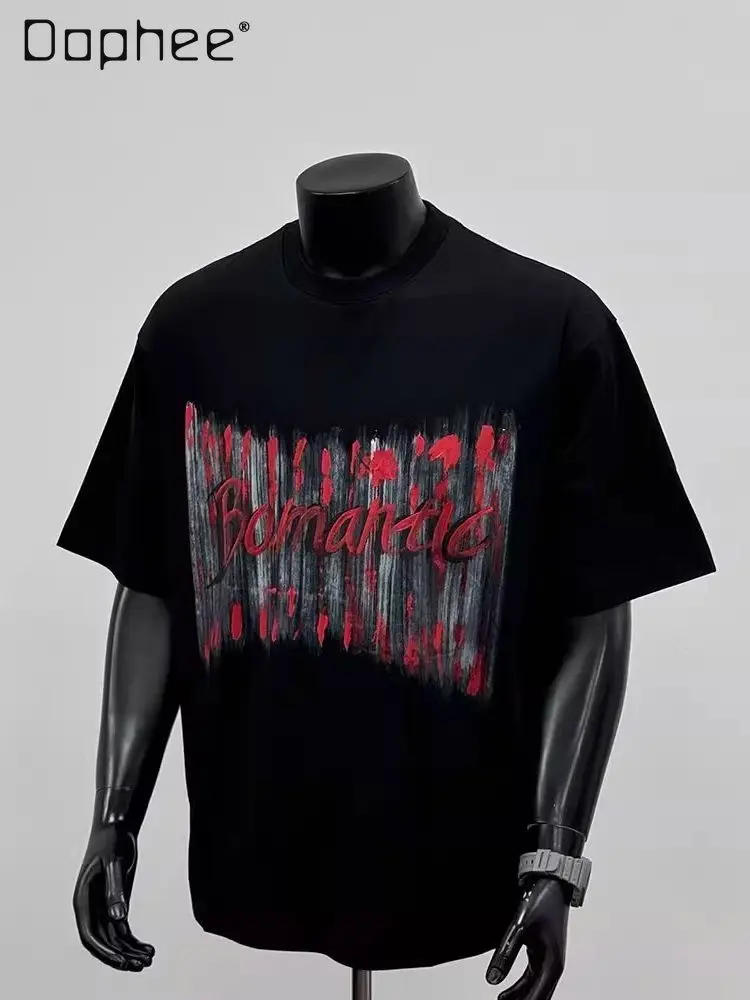 Summer American Streetwear Men Black Round Neck T-shirt Red Letter Print Loose Casual Short Sleeve Hip Hop Daily Street Tees
