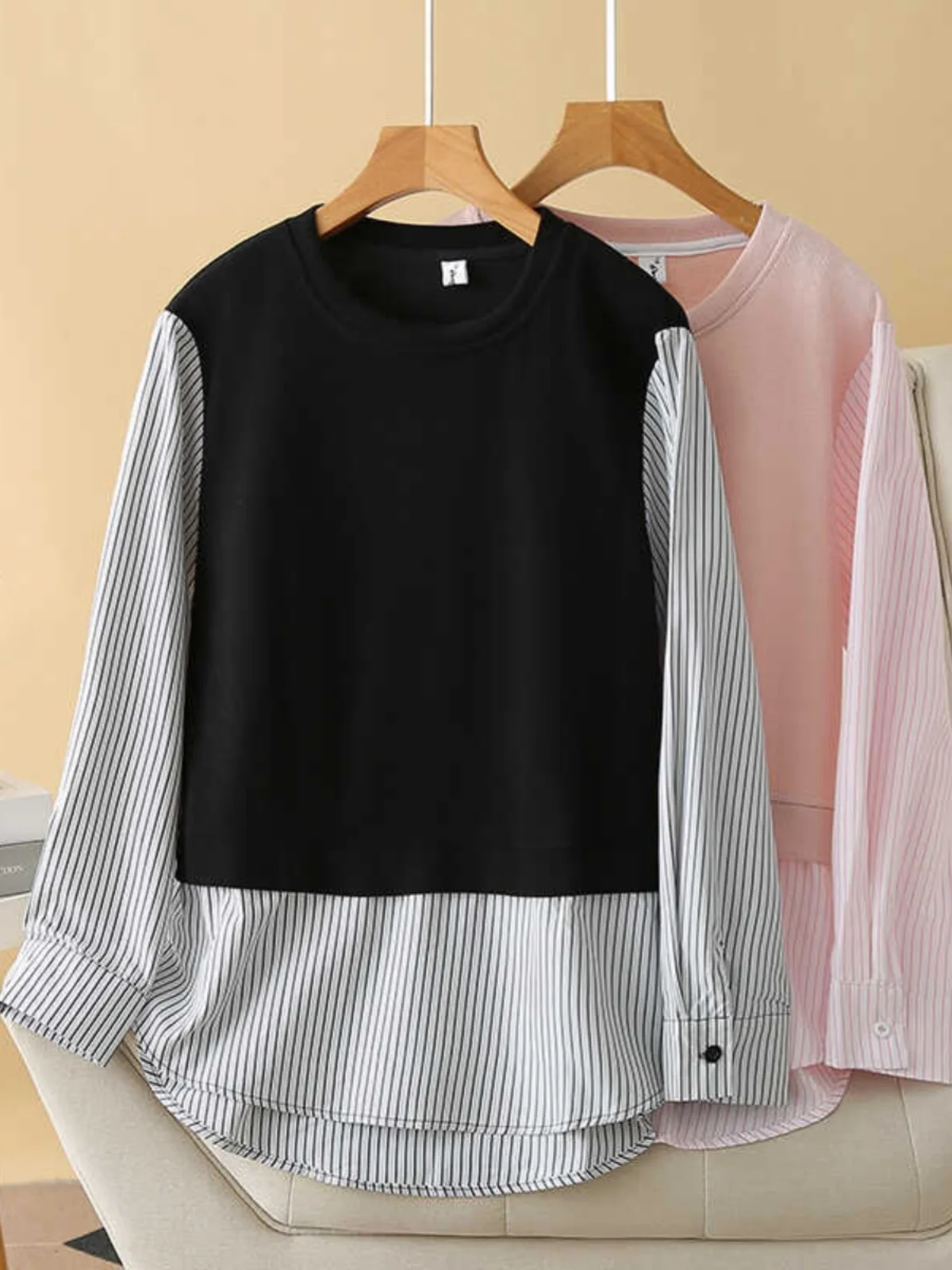 

plus Size round Neck Sweatshirt Striped Patchwork Loose Belly Covering Slimming Bottoming Shirt Comfortable Polyester Fiber
