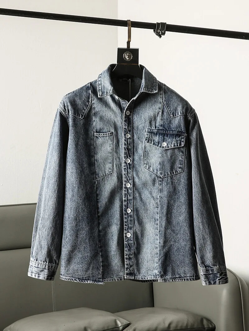 

Spring New Heavyweight Men's American Retro Waed Long Sve Denim irt Casual Outerwear Loose Fit Classic Sle Button De...