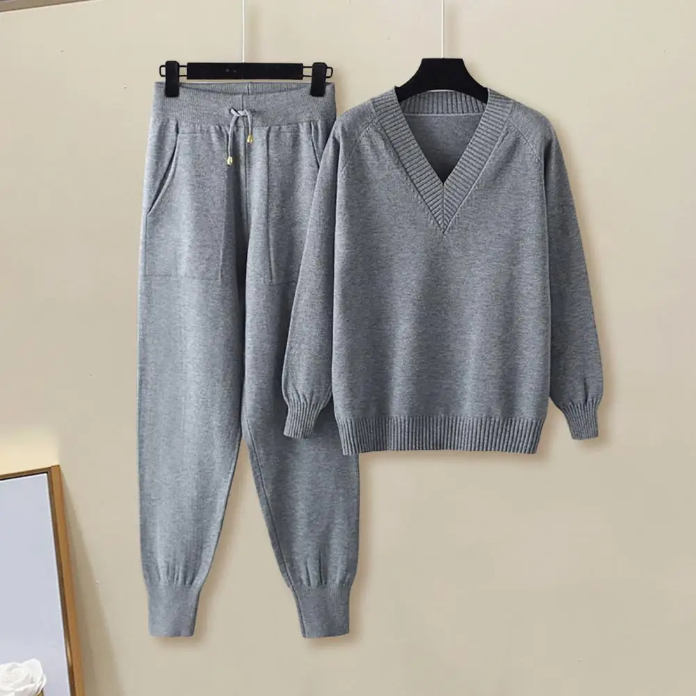 2023 Autumn Winter Women’s V Neck Sweater Two Piece Set Female Knitted Pants Suits Fashion Casual Pullover Tracksuits Outwear